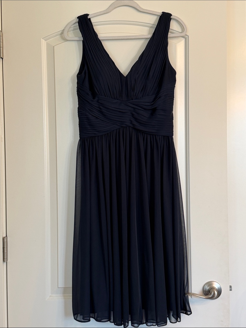 Eliza J Navy V-Neck Pleated Midi Dress, Size 10